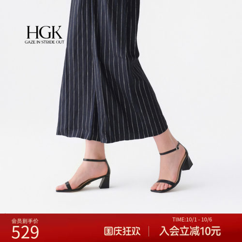 一字带方头粗跟高跟凉鞋