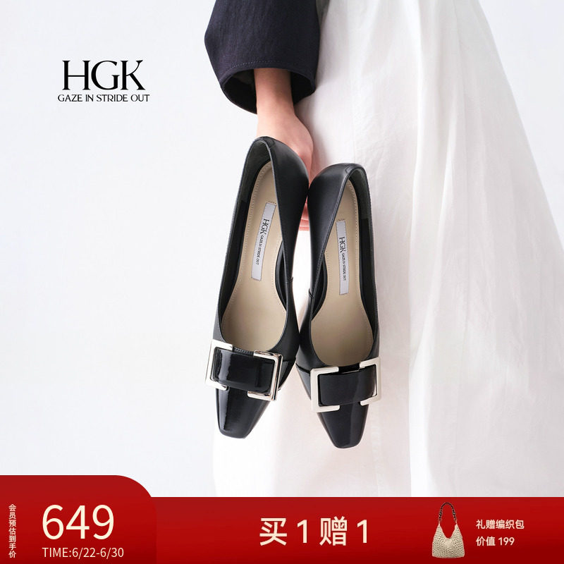 HGK摩登交响 黑色静音高跟鞋女时尚气质法式通勤方扣方头单鞋女鞋