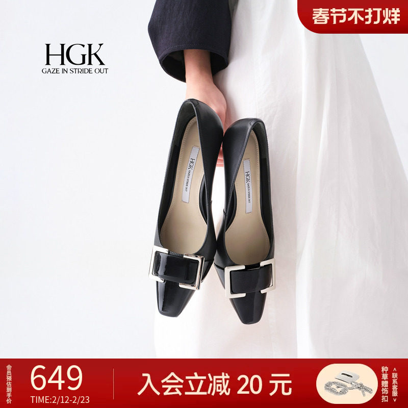 HGK摩登交响 黑色静音高跟鞋女时尚气质法式通勤方扣方头单鞋女鞋
