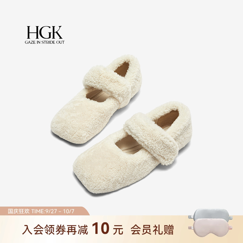 HGK一字羊毛带方头小香风毛毛鞋玛丽珍女鞋W072ACM4
