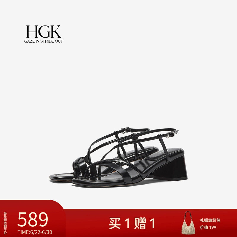 HGK夏夜深歌后空露趾粗高跟牛皮革女皮凉鞋WAC01BL6