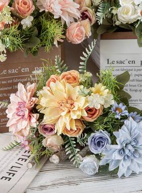 手捧花大丽花束MW66793仿真花厂家居装饰婚庆玫假瑰9花墙花INSM家