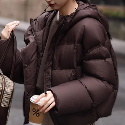 蓬松泡芙白鹅绒连帽短款羽绒服高级感新款女装2025冬季加厚外套