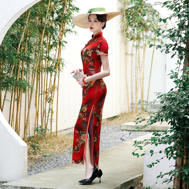 高端2025年新款真丝旗袍女夏长款桑蚕丝年轻款年会气质红色高级感