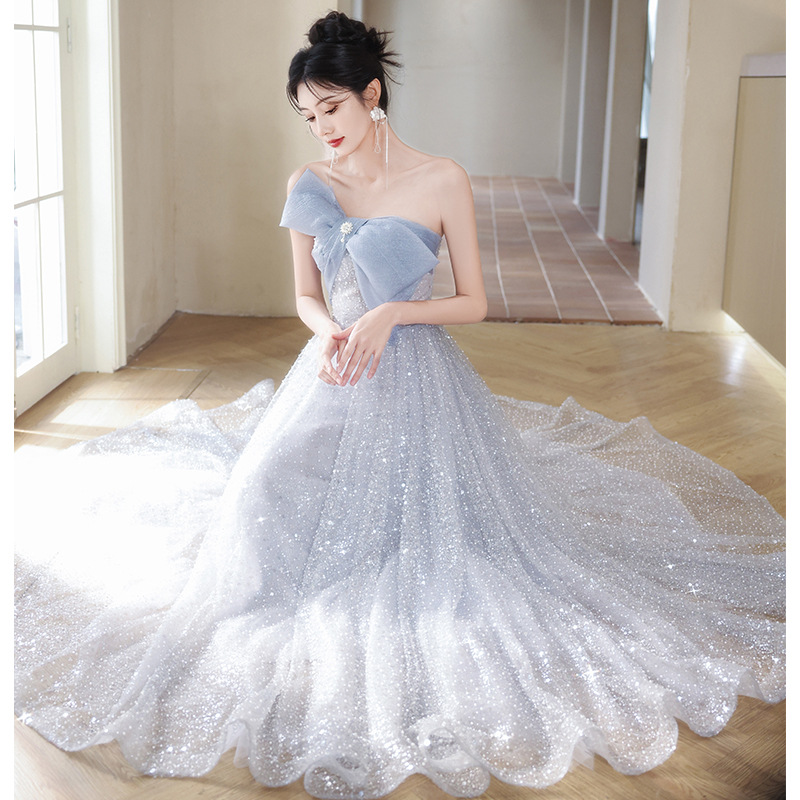 法式晚礼服女2025夏季新款单肩亮片重工仙气宴会主持成人礼服