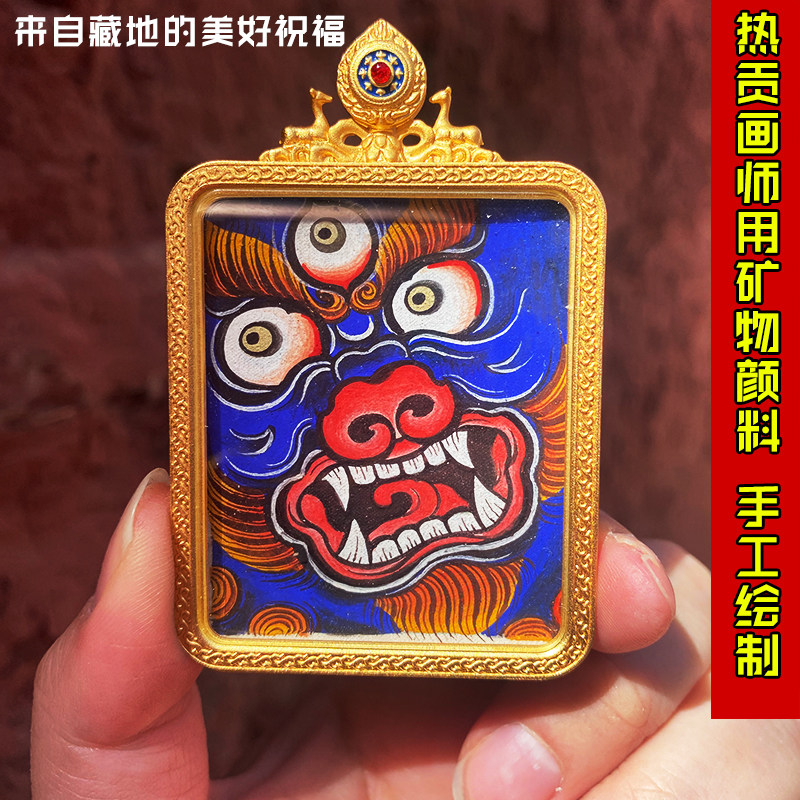 热贡矿物颜料纯手绘黑财神佛脸西藏式传小唐卡吊坠嘎乌盒佛牌饰品