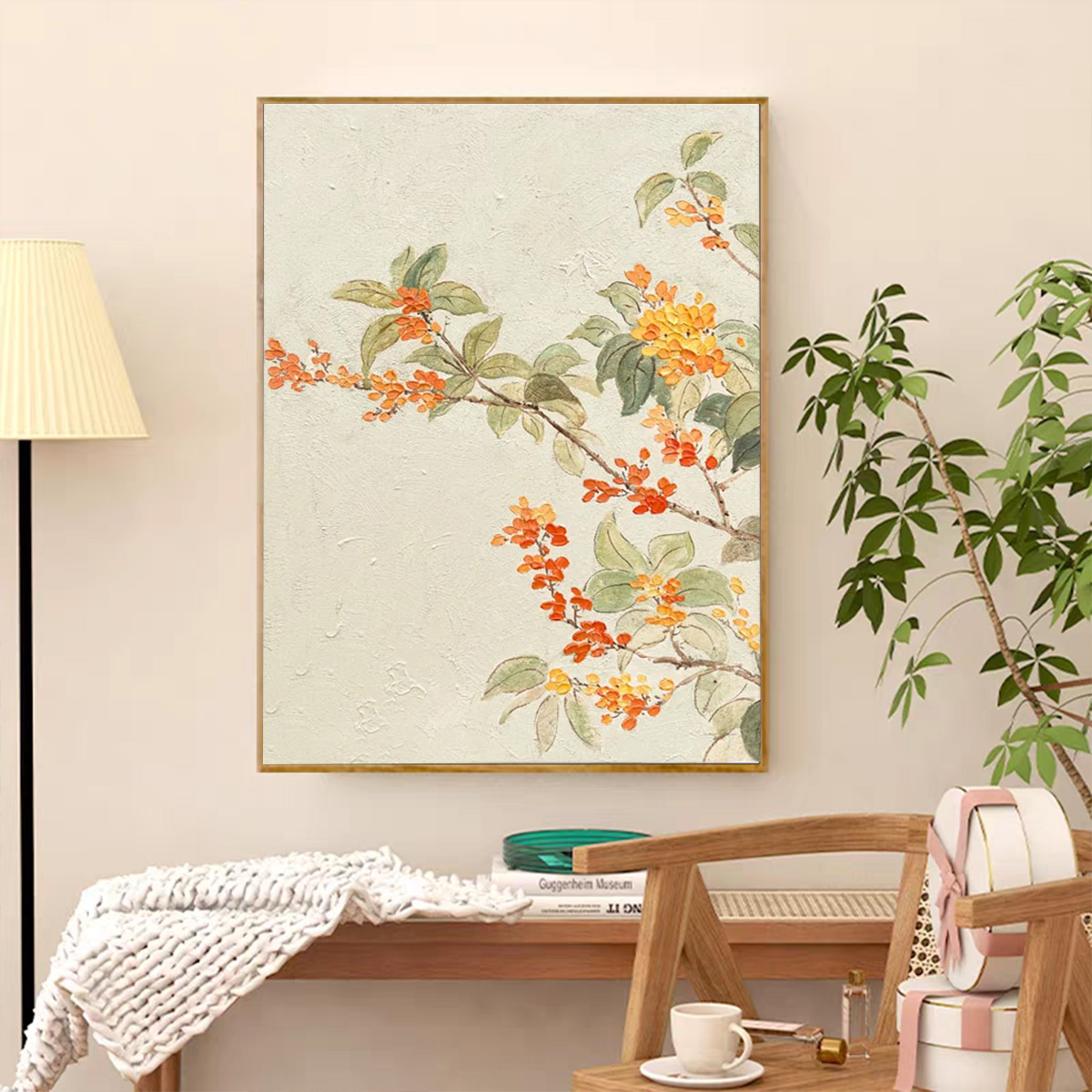 桂花花卉纯手绘油画奶油风客厅装饰画立体花卉肌理画玄关餐厅挂画图片