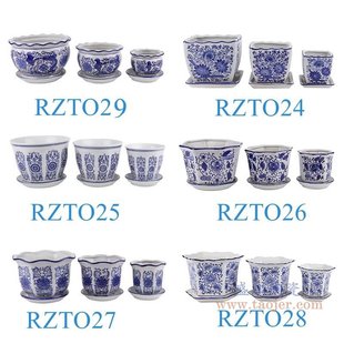 景德镇青花瓷花盆三件套带底托圆形八边花盆多肉植物插花摆件