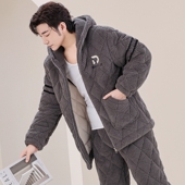 睡衣男士 连帽家居服套装 冬季 珊瑚绒加绒加厚三层夹棉2025年冬天款