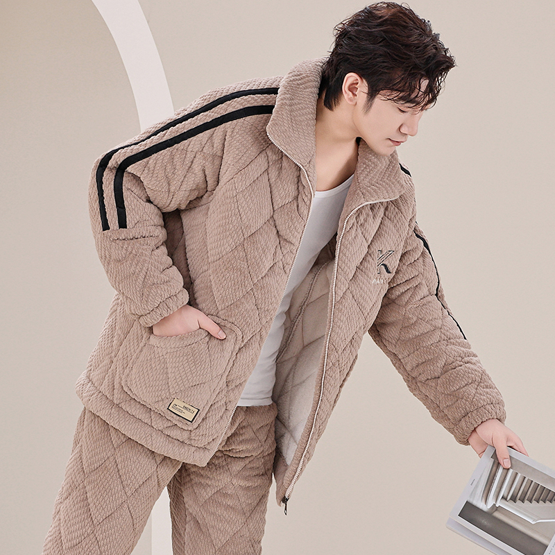 男士珊瑚绒夹棉三层加厚睡衣保暖