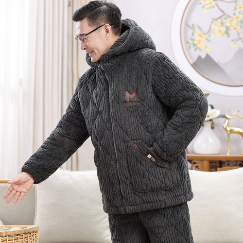 爸爸睡衣冬季三层加厚珊瑚绒夹棉