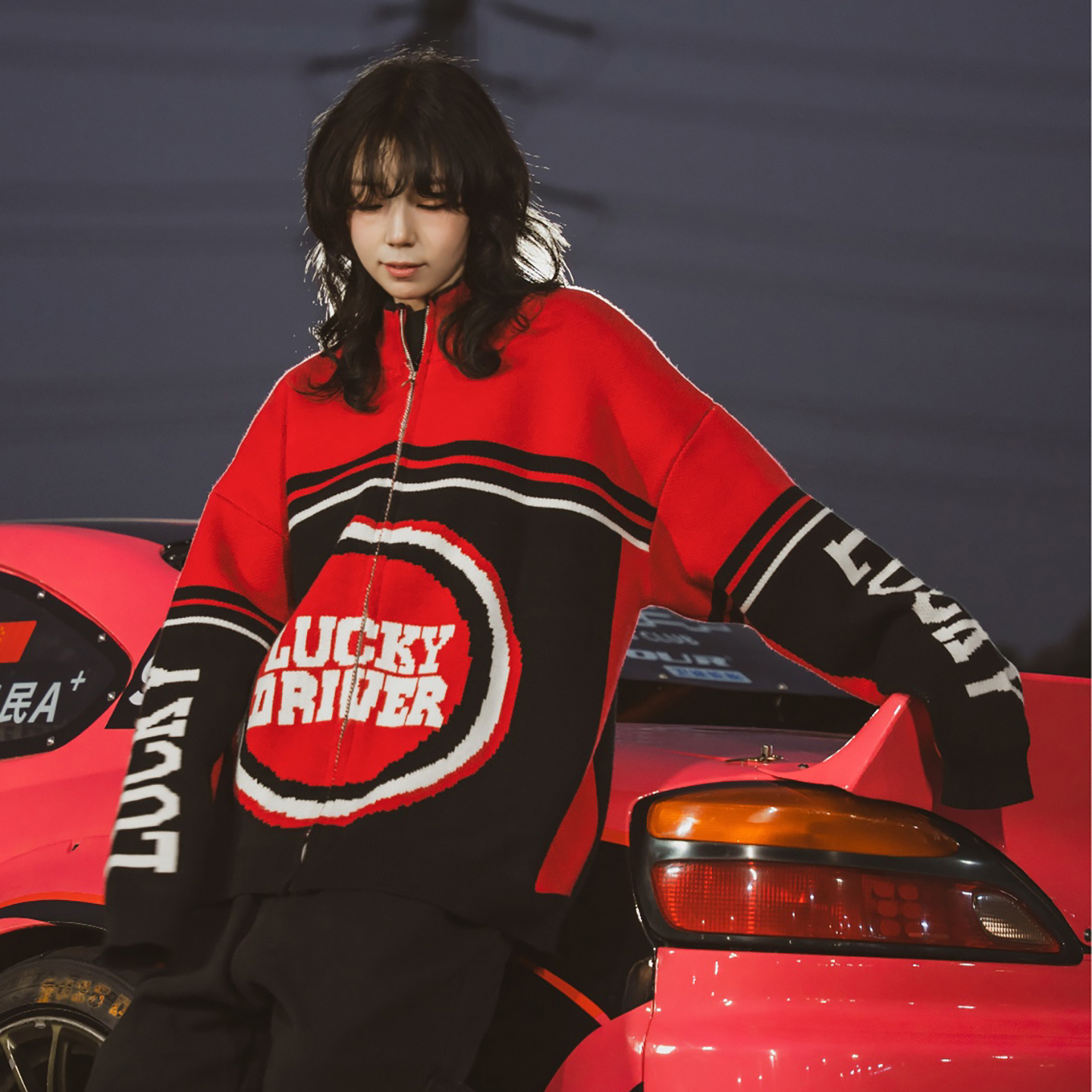 wildsoul-LUCKY好彩风机车赛车风抗静电拉链立领宽松百搭毛衣外套