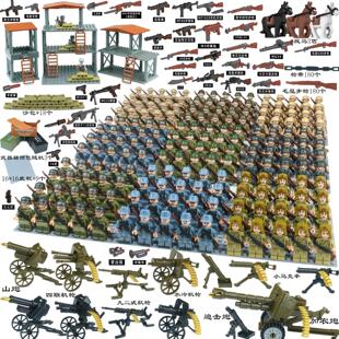 军事二战积木场景搭建八路军防御基地美军士兵基地堡垒玩具