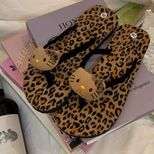 千禧沙滩鞋 平底颜值辣 高豹纹轻便妹拖鞋 风hello人字拖爆kitty女款