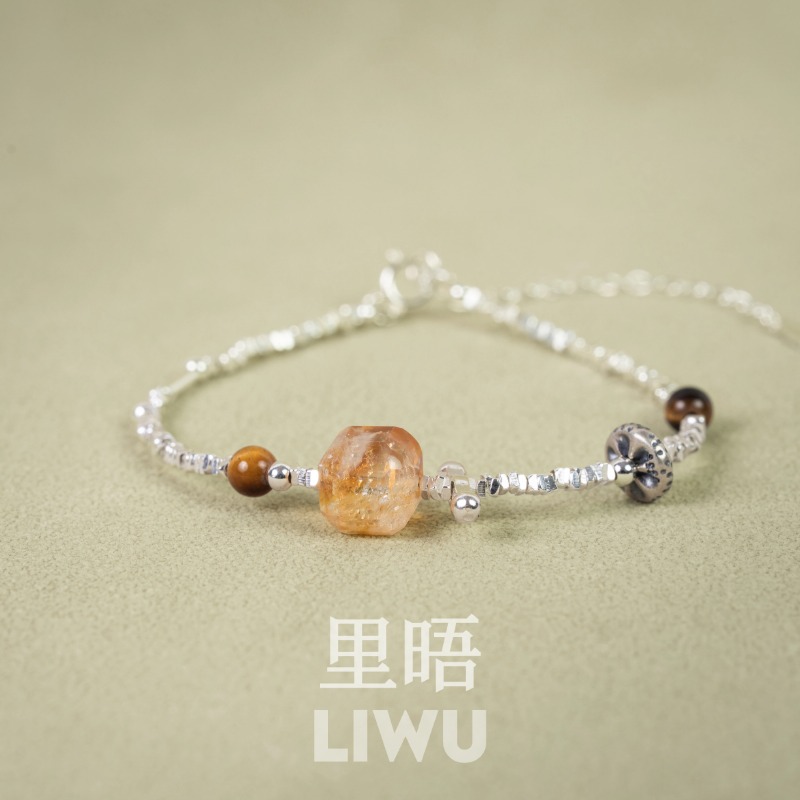 S925纯银虎眼石碎银子黄水晶手链