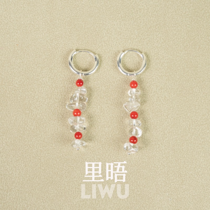 S925纯银天然白水晶红玛瑙耳环