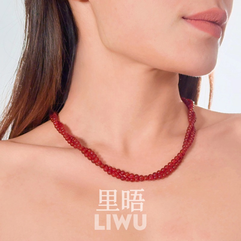 s925银红玛瑙ot扣项链新中式