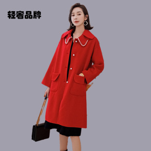 朗姿约定大红色双面羊毛大衣女中长款2025秋冬小个子短款毛呢外套