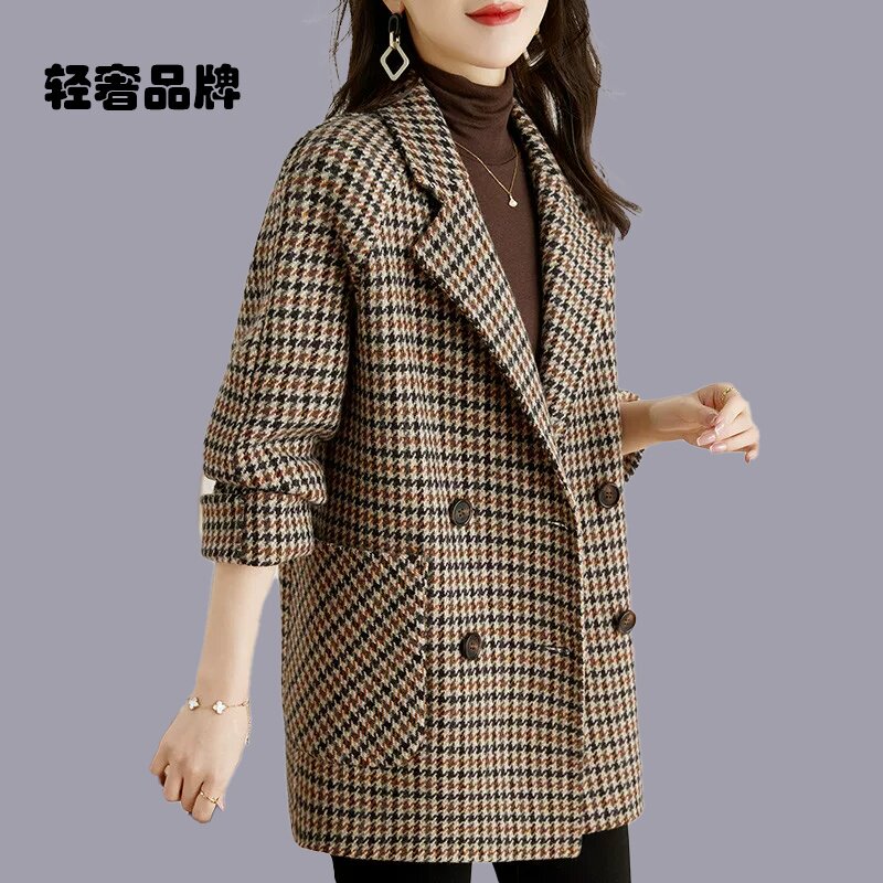 朗姿约定千鸟格赫本风双面呢大衣女2025秋冬新款毛呢外套女羊绒
