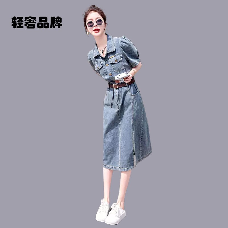 高端复古短袖软牛仔连衣裙女夏季薄款2025年新款气质高级感小个子