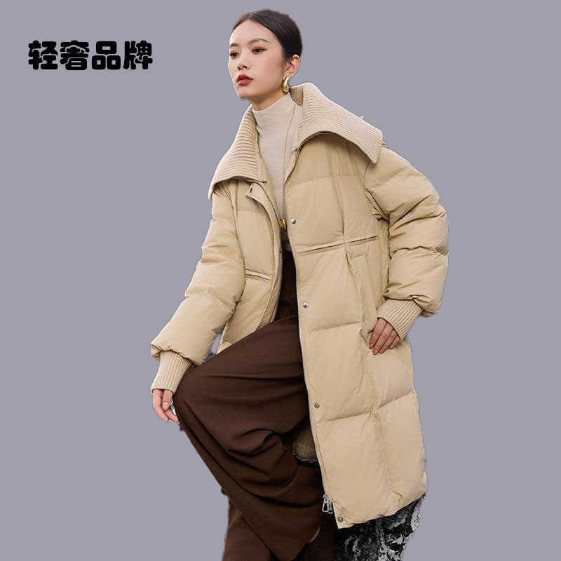 朗姿约定设计针织大翻领中长款羽绒服女冬季2026新款小个子白鸭绒