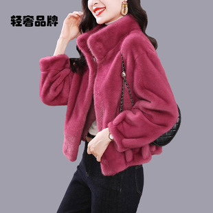 朗姿约定仿水貂绒皮草外套女冬2026新款 大衣 高贵皮毛一体立领短款