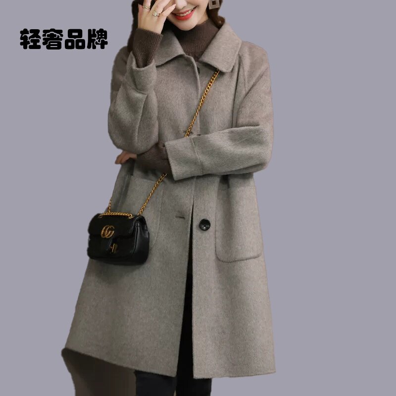 朗姿约定人字纹双面呢大衣女中长款2025新款零羊绒毛呢外套秋冬装