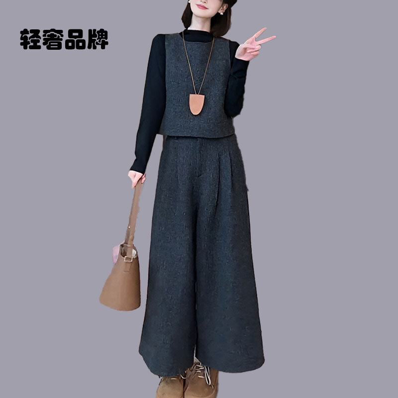 朗姿约定端庄大气套装一整套女秋装新款轻奢毛呢马甲阔腿裤三件套