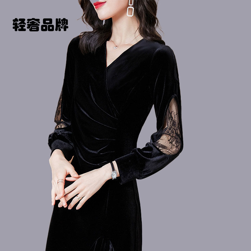 朗姿约定秋冬女连衣裙2024新款秋冬裙会礼服金丝绒拼接蕾丝高端裙