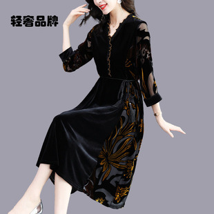 朗姿约定真丝绒连衣裙2026秋季新款复古烧花V领高贵贵夫人气质裙
