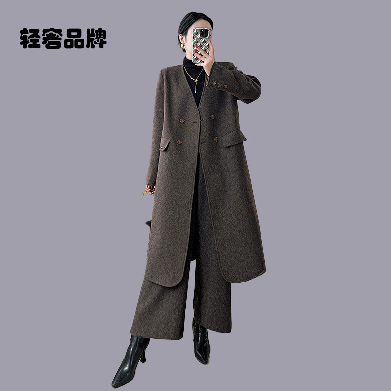 朗姿约定套装2025新款女羊毛大衣裤子两件套直筒过膝长款毛呢外套