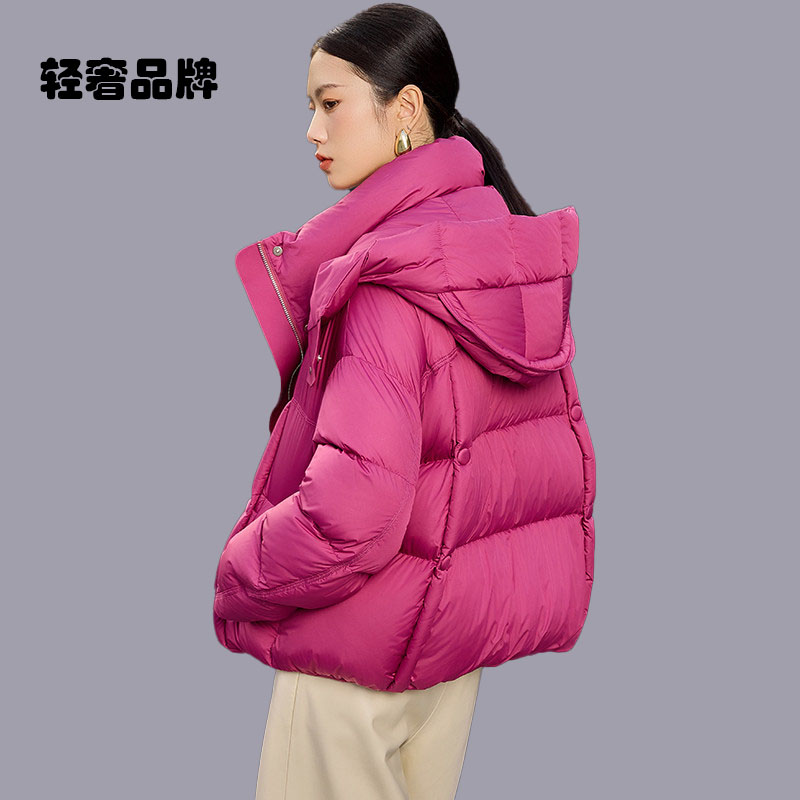 朗姿约定大白鹅绒高端玫红羽绒服女短款加厚时尚2025年冬季新款