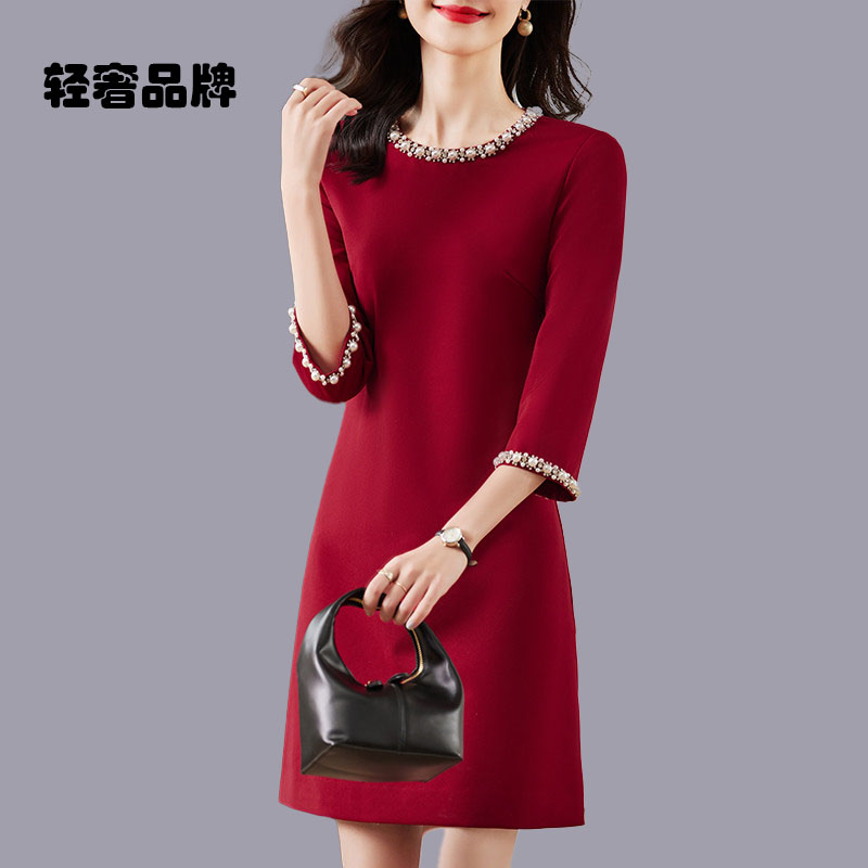 女装新款小个子红色妈妈裙子礼服喜婆婆婚宴婚礼丈母娘结婚连衣裙