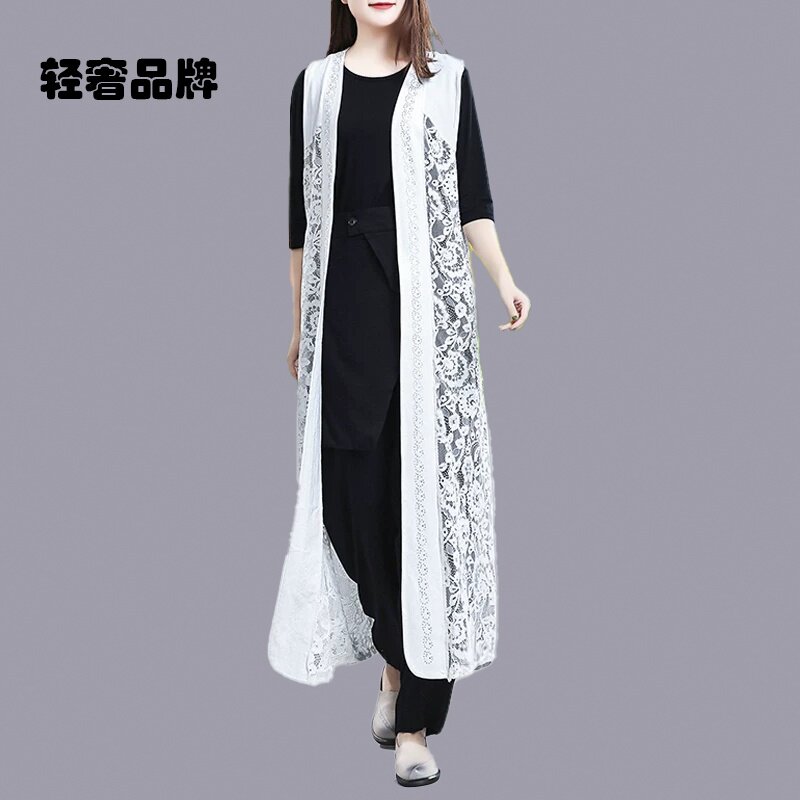 长款坎肩马甲女春秋2026蕾丝显瘦开衫上衣复古民族风外搭马夹外套