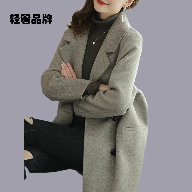 朗姿约定茧型毛呢子外套女2025秋冬季中长款羊绒大码双面呢大衣女