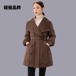 朗姿约定羊毛拼接翻领时尚中长款白鹅绒羽绒服女冬季收腰2026新款