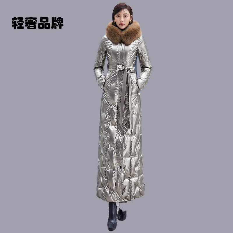亮面免洗羽绒服气质新款女毛领系带收腰保暖超长款过膝到脚踝6098