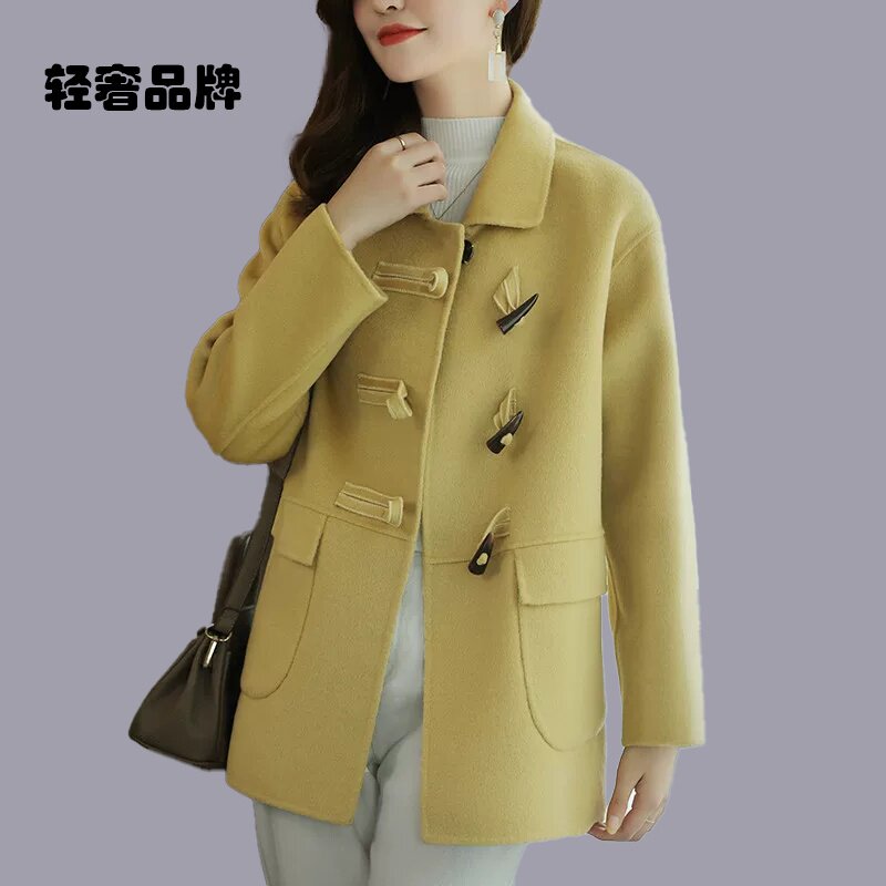2025新款秋冬季双面羊毛呢外套韩版鹅黄牛角扣零羊绒大衣女中长款