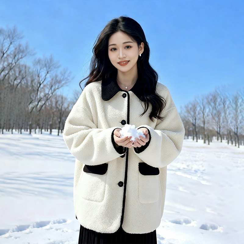 柒量一裁小个子米白毛绒外套秋女款黑色镶边撞色设计慵懒风1515,女装/女士精品,短外套,淘宝优惠券,粉丝福利购,淘宝优惠卷