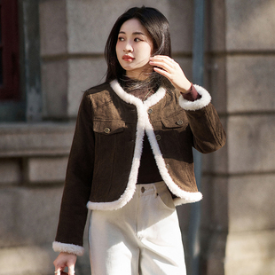 柒量一裁小个子2025 外套女拼接圆领上衣3023 棕色灯芯绒短款