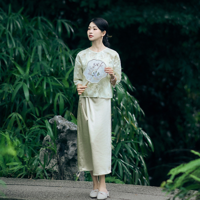 柒量一裁新中式淡雅印花开衫上衣+ 吊带长裙古韵悠然套装女夏0773