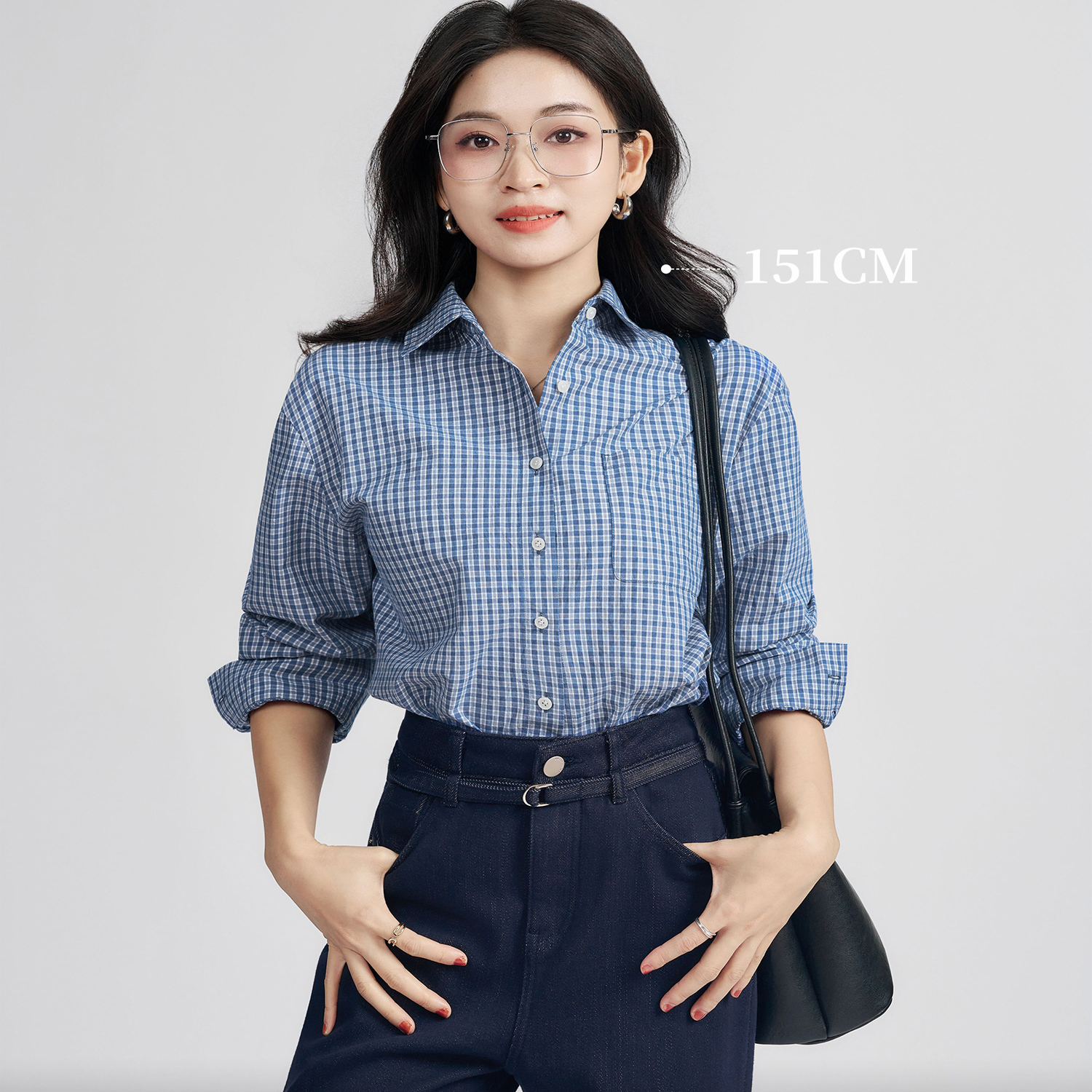 柒量一裁小个子蓝白格纹衬衫女