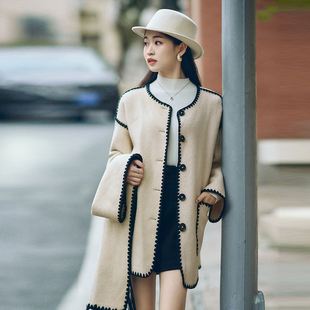 【大柒】小个子羊毛桑蚕丝骆驼绒外套流苏女冬季双面呢大衣 5549