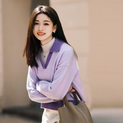 柒量一裁百小个子紫色翻领女款2025新款冬季毛衣内搭外穿毛衣1561