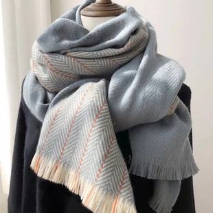 高级感蓝色仿羊绒软糯围巾女冬季韩系氛围感学生防寒保暖护颈围脖