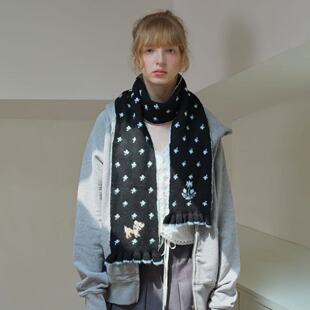 韩国设计师款羊毛混纺卡通小鹿提花针织围巾女冬季少女感花边围脖