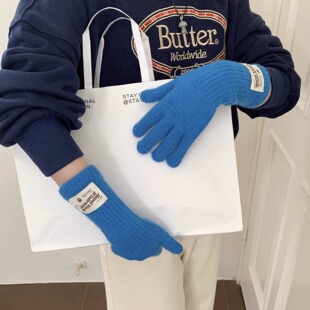 定制款~蓝色手套女秋冬季可触屏防寒针织保暖防冻长款圣诞红手套