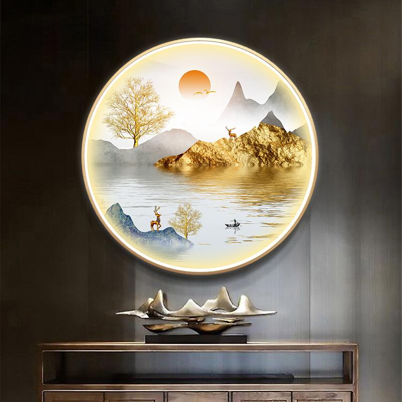 流水生财进门玄关挂画新中式山水风景圆形led装饰画餐厅带灯壁画