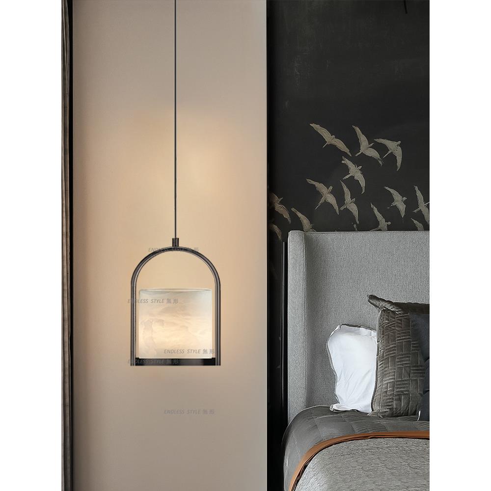 中式走廊过道灯卧室新中式小吊灯云石主卧单头床头吊灯长线极简黑