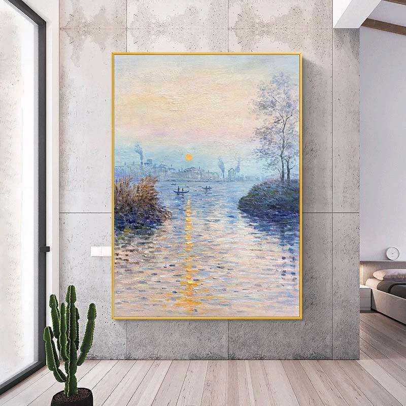 纯手绘油画莫奈日出印象客厅装饰画挂画轻奢玄关走廊手工画印象派